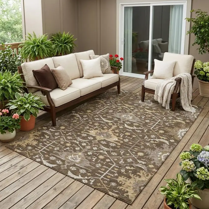 Chocolate And Brown Oriental Washable Indoor Outdoor Area Rug Photo 1
