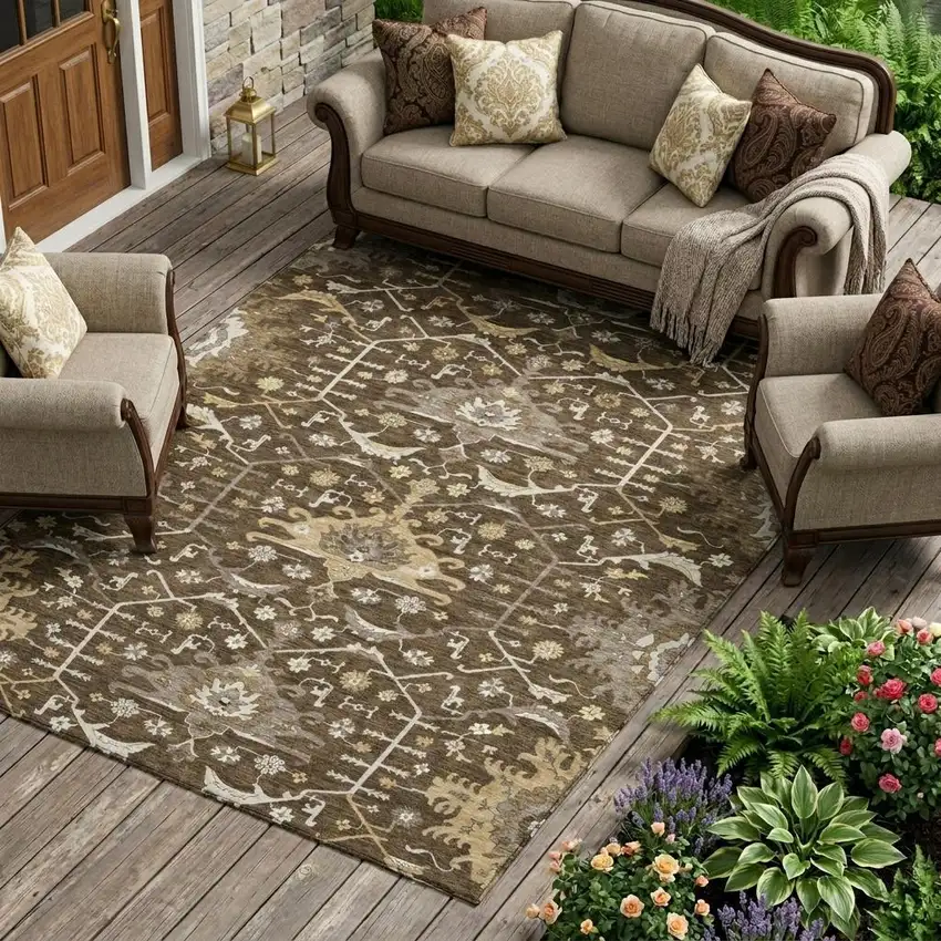 Chocolate And Brown Oriental Washable Indoor Outdoor Area Rug Photo 1
