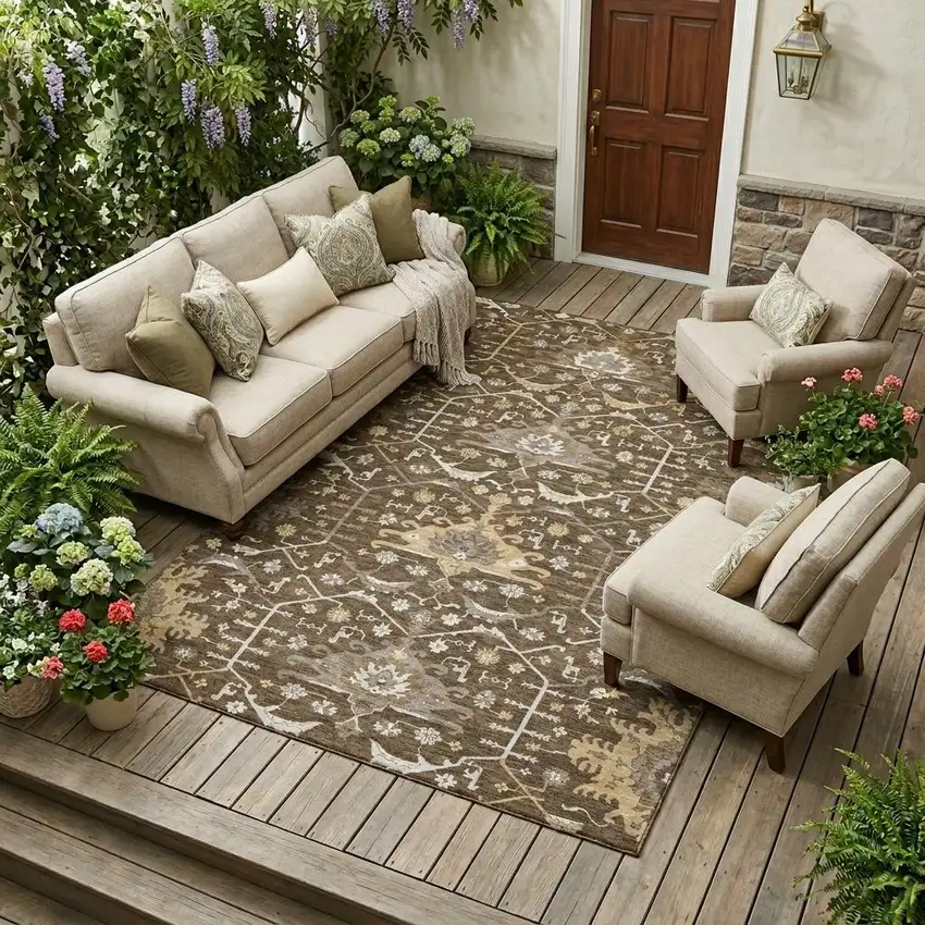 Chocolate And Brown Oriental Washable Indoor Outdoor Area Rug Photo 1