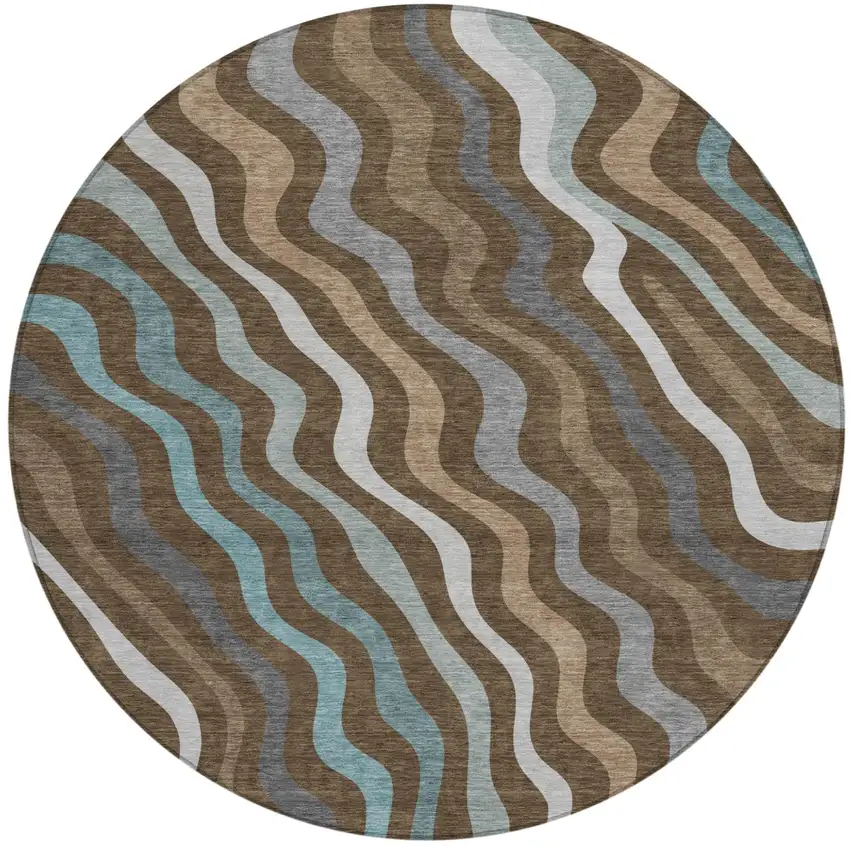 Chocolate And Brown Round Abstract Washable Indoor Outdoor Area Rug Photo 1