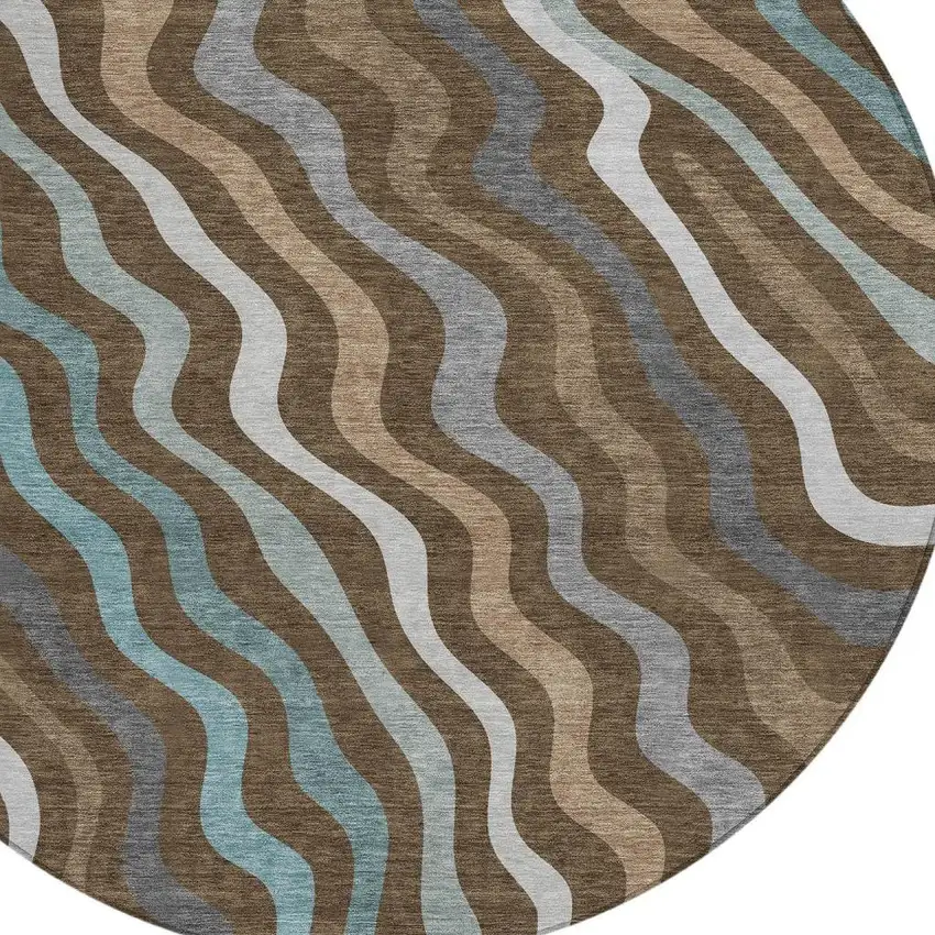 Chocolate And Brown Round Abstract Washable Indoor Outdoor Area Rug Photo 2
