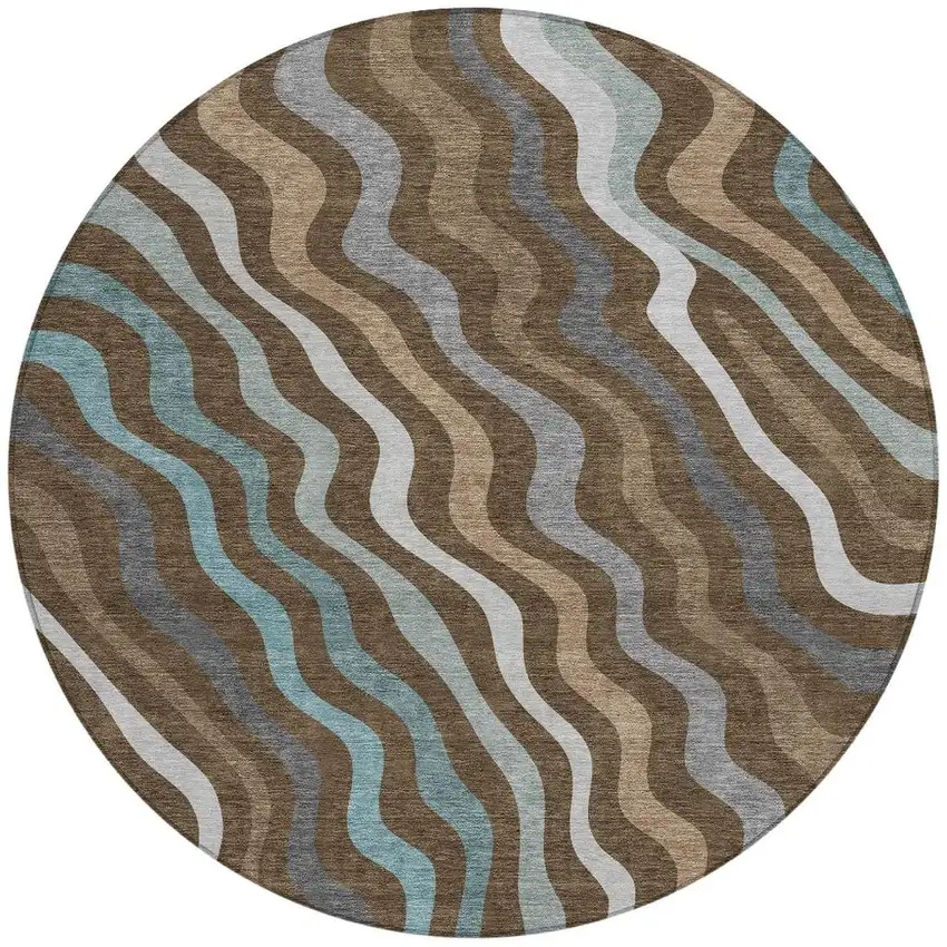 Chocolate And Brown Round Abstract Washable Indoor Outdoor Area Rug Photo 3