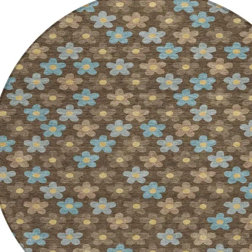 Chocolate And Brown Round Floral Washable Indoor Outdoor Area Rug Photo 2