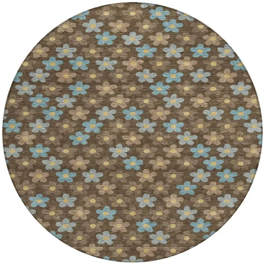 Chocolate And Brown Round Floral Washable Indoor Outdoor Area Rug Photo 3