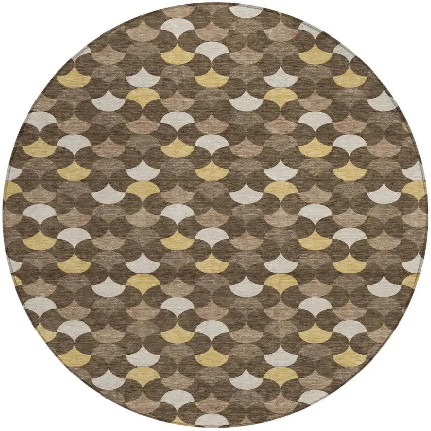 Chocolate And Brown Round Geometric Washable Indoor Outdoor Area Rug Photo 1