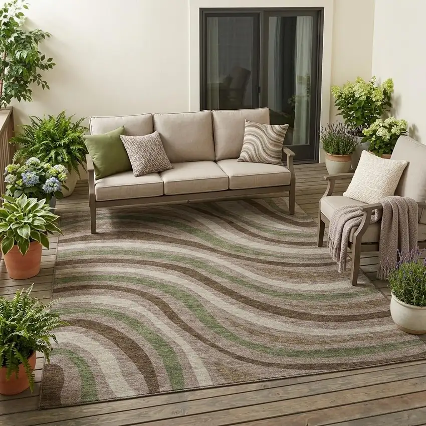 Chocolate And Brown Striped Washable Indoor Outdoor Area Rug Photo 1
