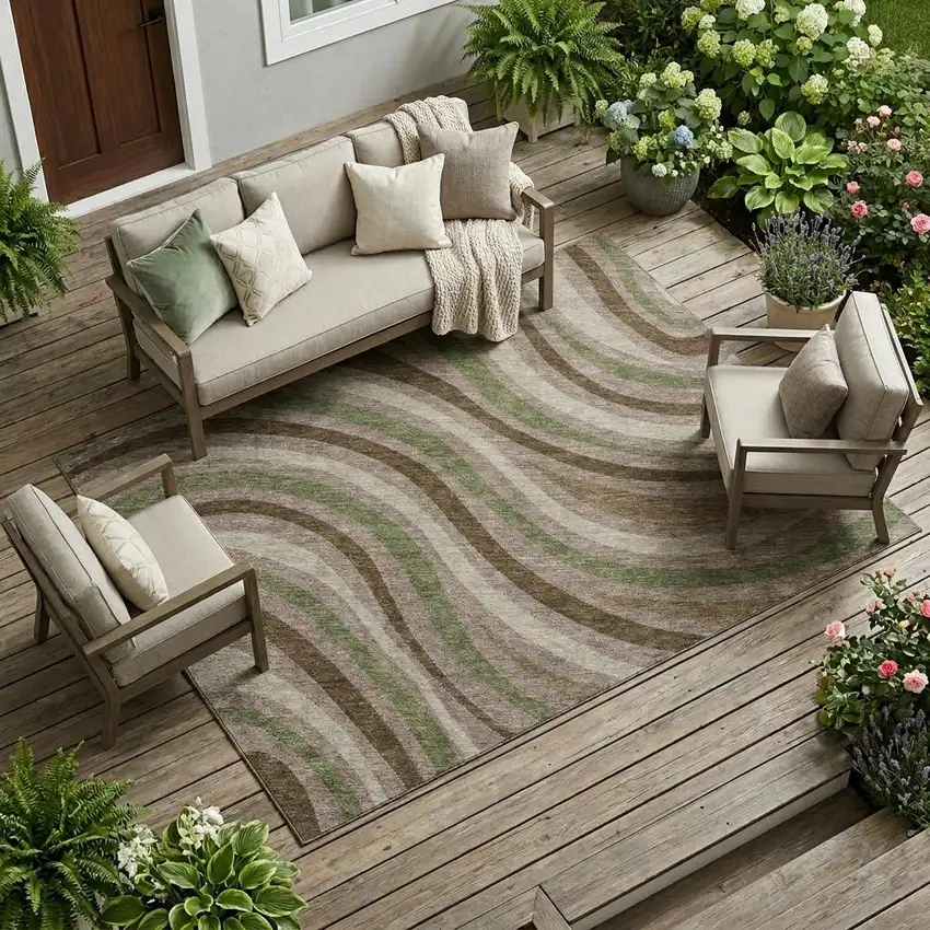 Chocolate And Brown Striped Washable Indoor Outdoor Area Rug Photo 1