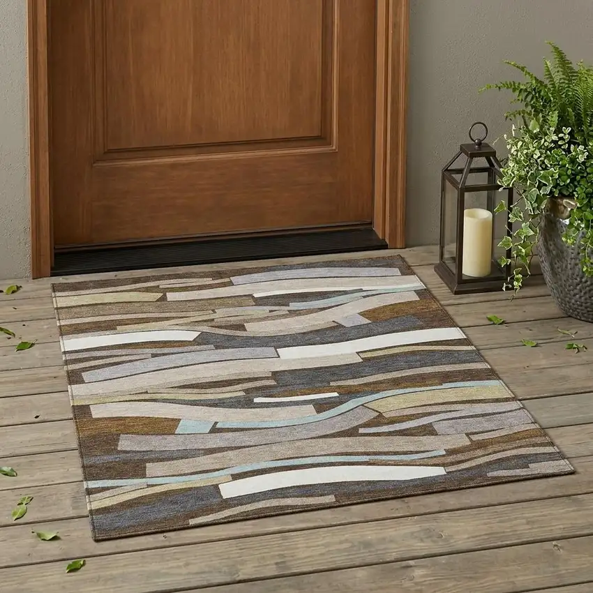 Chocolate And Brown Striped Washable Indoor Outdoor Area Rug Photo 1
