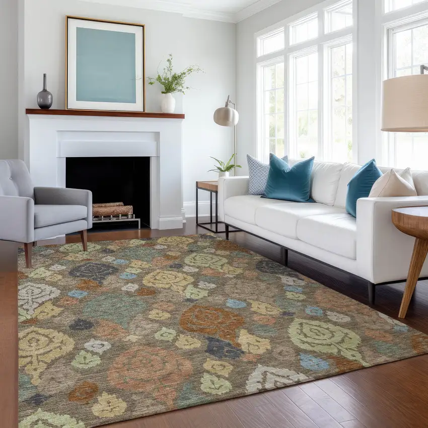Chocolate And Charcoal Damask Washable Indoor Outdoor Area Rug Photo 6