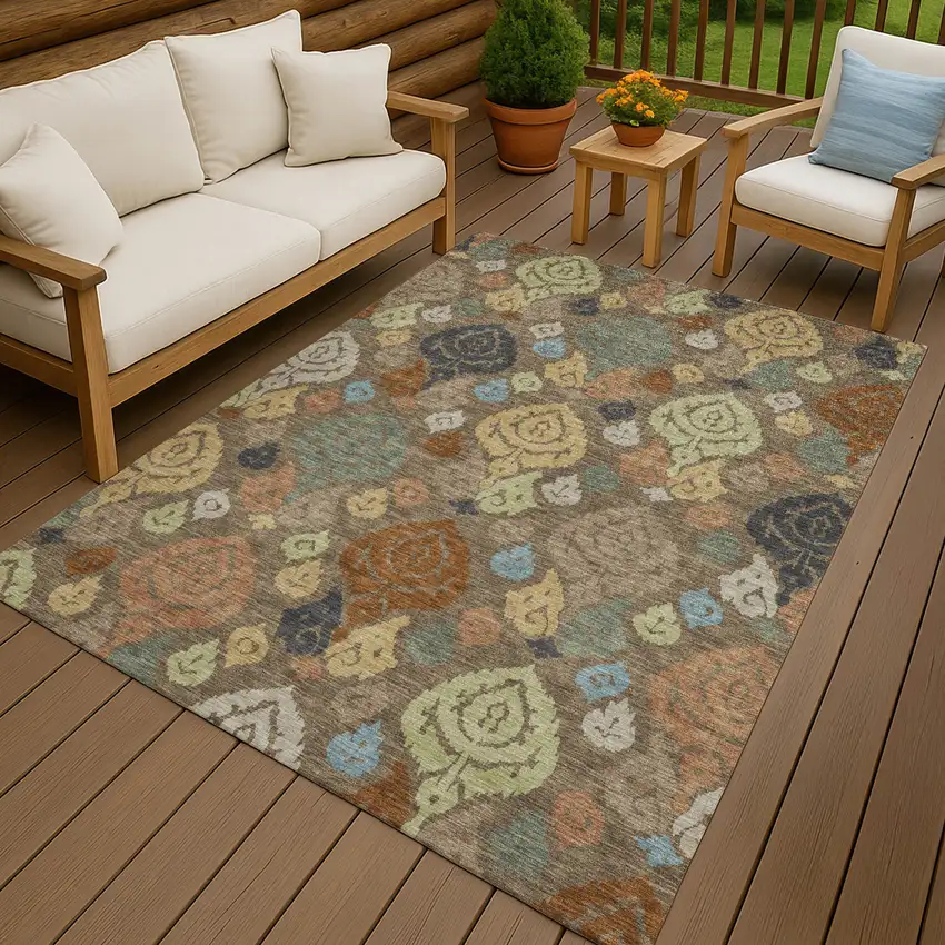 Chocolate And Charcoal Damask Washable Indoor Outdoor Area Rug Photo 4