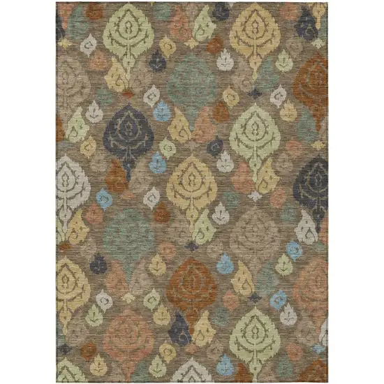 Chocolate And Charcoal Damask Washable Indoor Outdoor Area Rug Photo 1