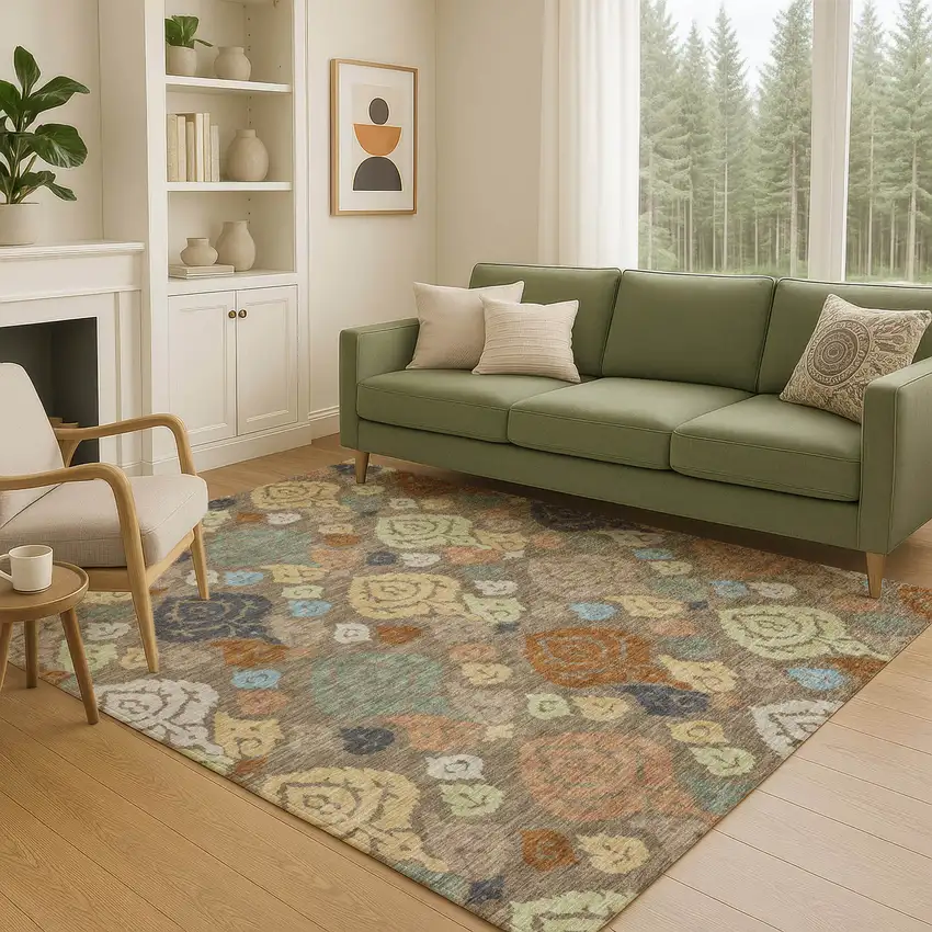 Chocolate And Charcoal Damask Washable Indoor Outdoor Area Rug Photo 5