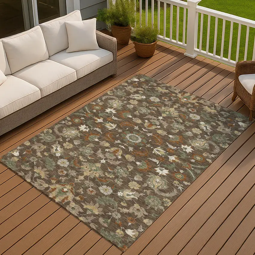 Chocolate And Charcoal Floral Medallion Washable Indoor Outdoor Area Rug Photo 7
