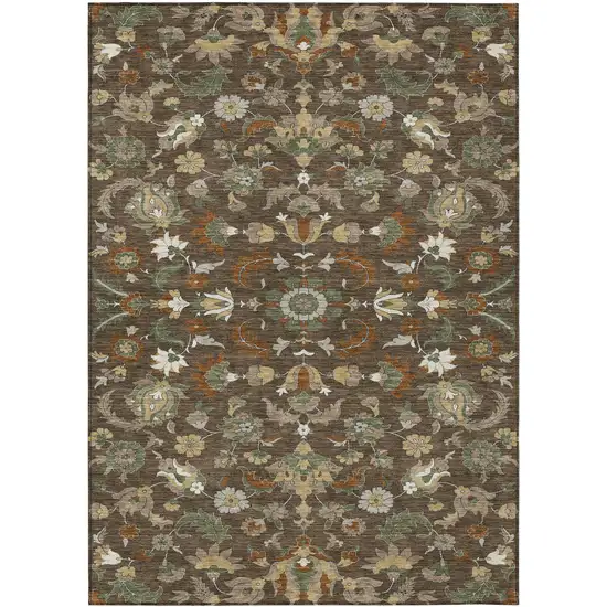 Chocolate And Charcoal Floral Medallion Washable Indoor Outdoor Area Rug Photo 1