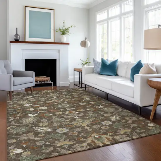 Chocolate And Charcoal Floral Medallion Washable Indoor Outdoor Area Rug Photo 6