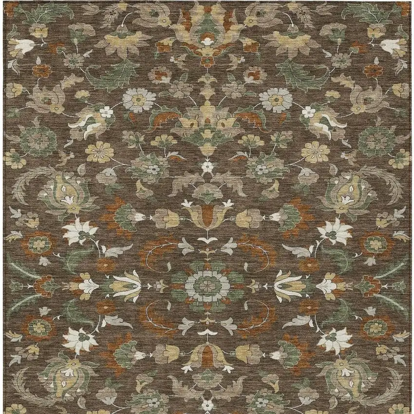 Chocolate And Charcoal Floral Medallion Washable Indoor Outdoor Area Rug Photo 3