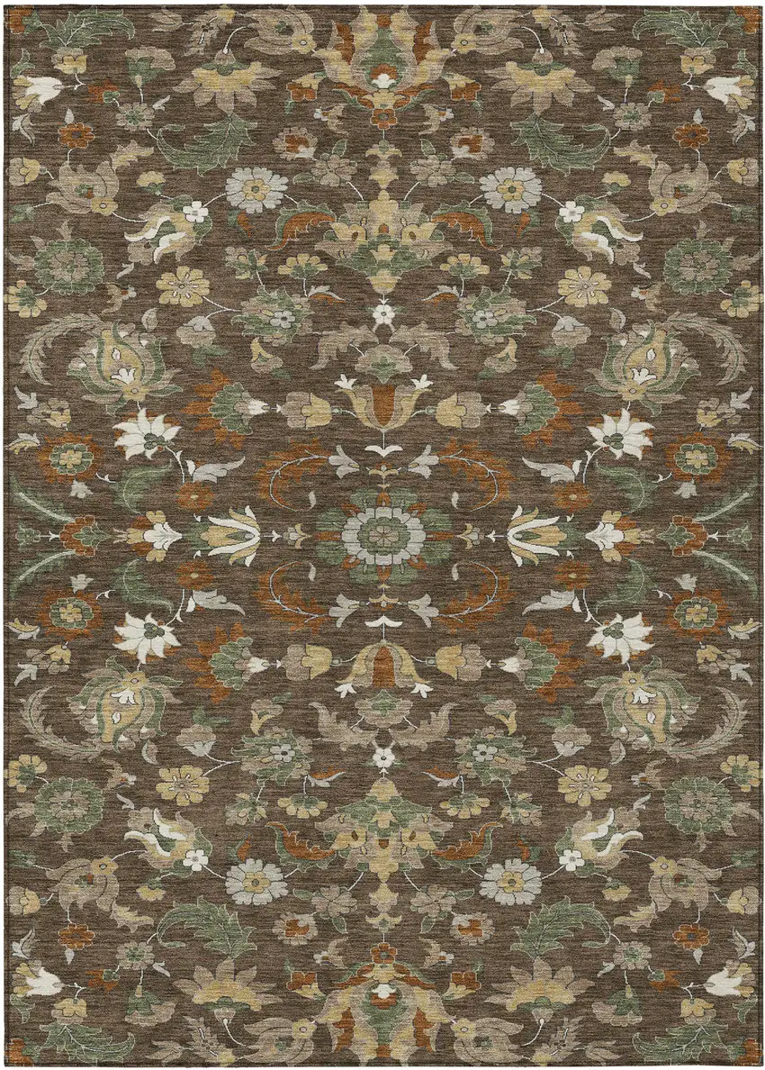 Chocolate And Charcoal Floral Medallion Washable Indoor Outdoor Area Rug Photo 1