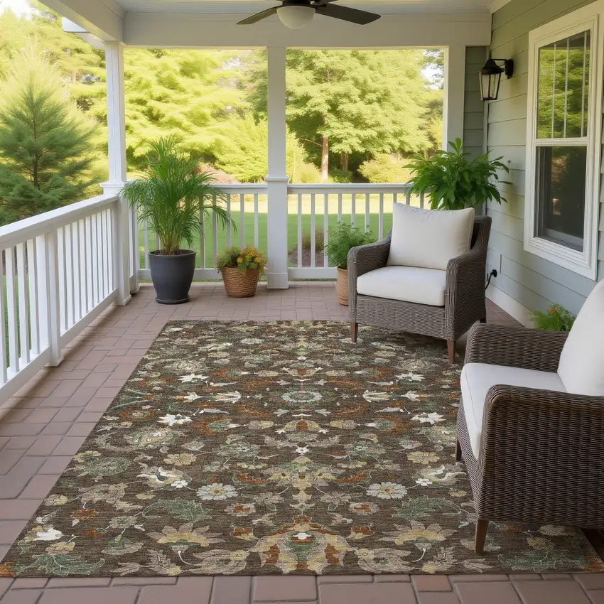 Chocolate And Charcoal Floral Medallion Washable Indoor Outdoor Area Rug Photo 4