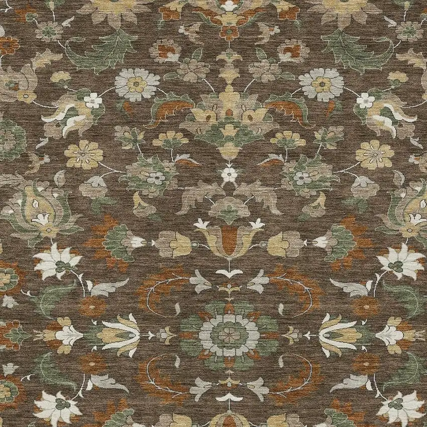 Chocolate And Charcoal Floral Medallion Washable Indoor Outdoor Area Rug Photo 2