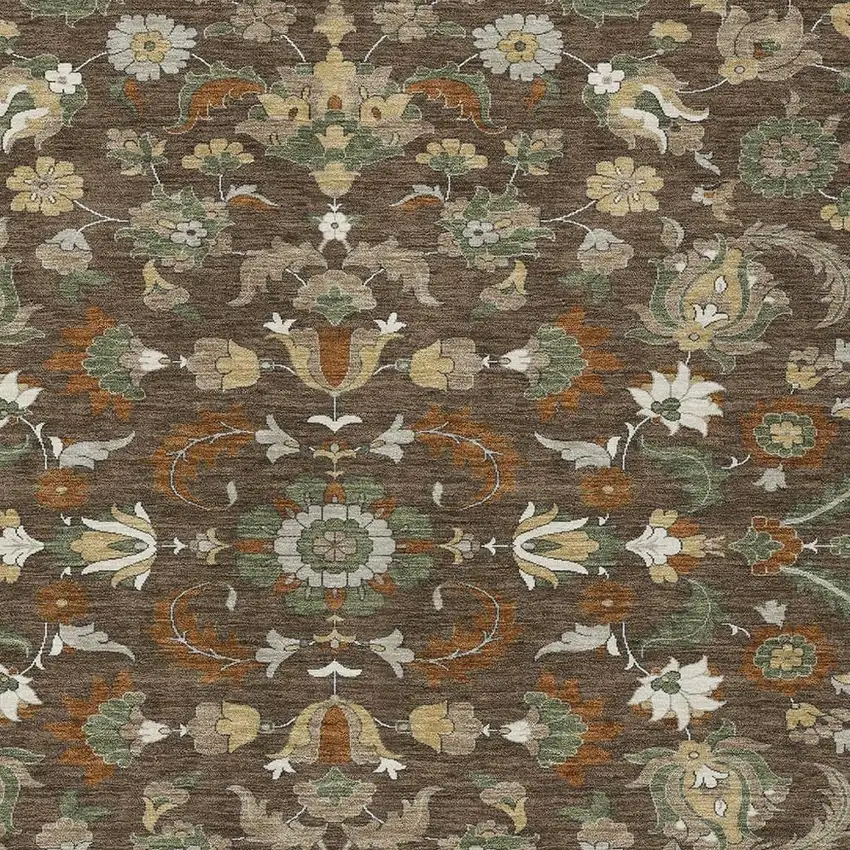 Chocolate And Charcoal Floral Medallion Washable Indoor Outdoor Area Rug Photo 2