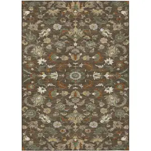 Photo of Chocolate And Charcoal Floral Medallion Washable Indoor Outdoor Area Rug