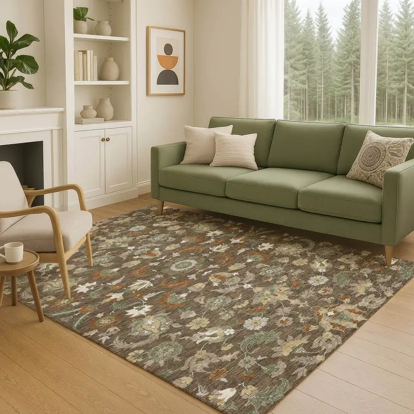 Chocolate And Charcoal Floral Medallion Washable Indoor Outdoor Area Rug Photo 5