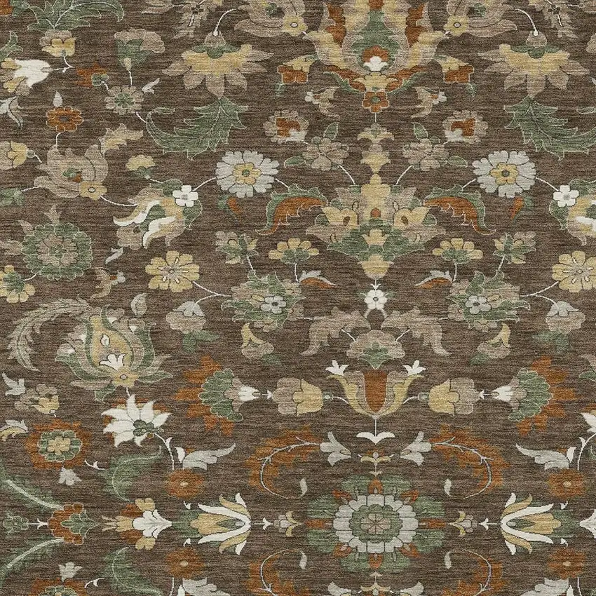 Chocolate And Charcoal Floral Medallion Washable Indoor Outdoor Area Rug Photo 2