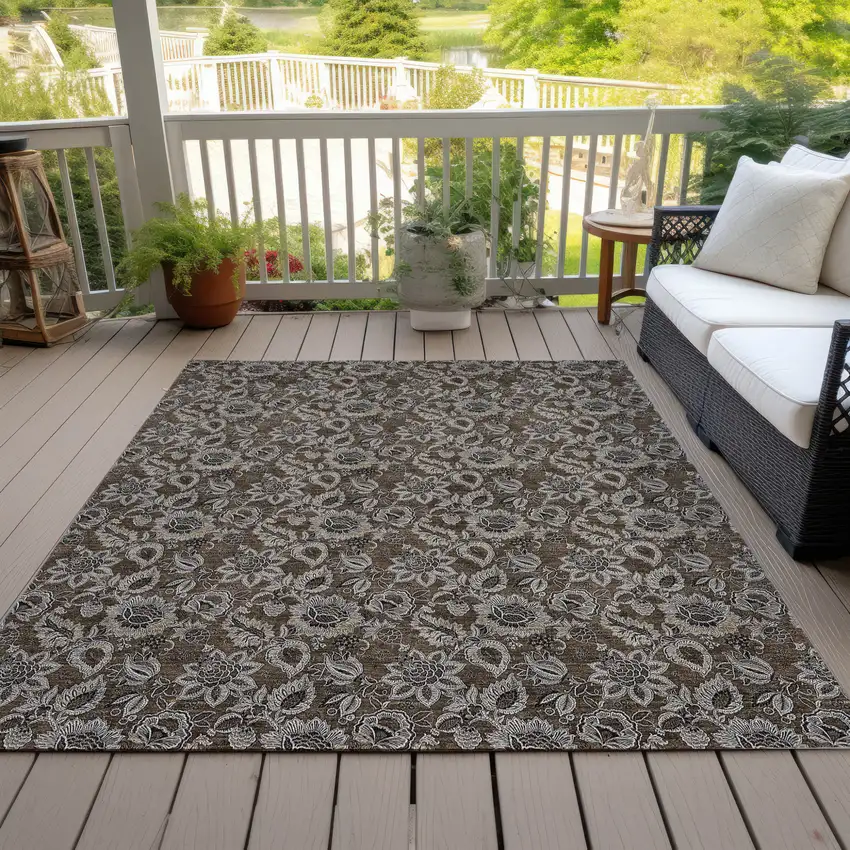 Chocolate And Charcoal Floral Washable Indoor Outdoor Area Rug Photo 8