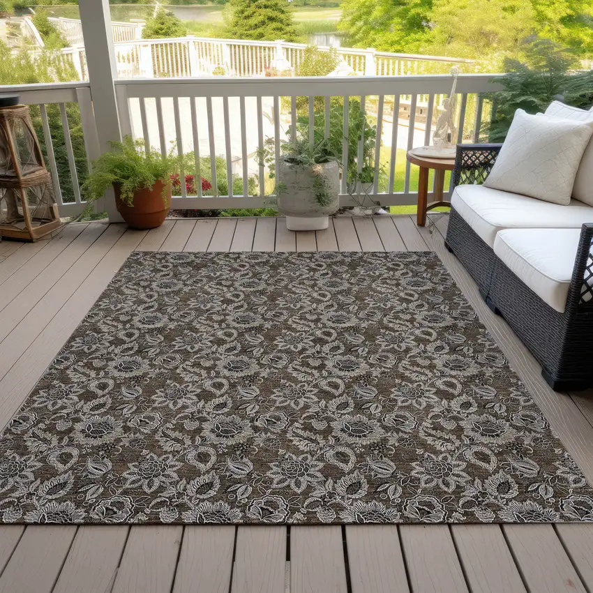 Chocolate And Charcoal Floral Washable Indoor Outdoor Area Rug Photo 8