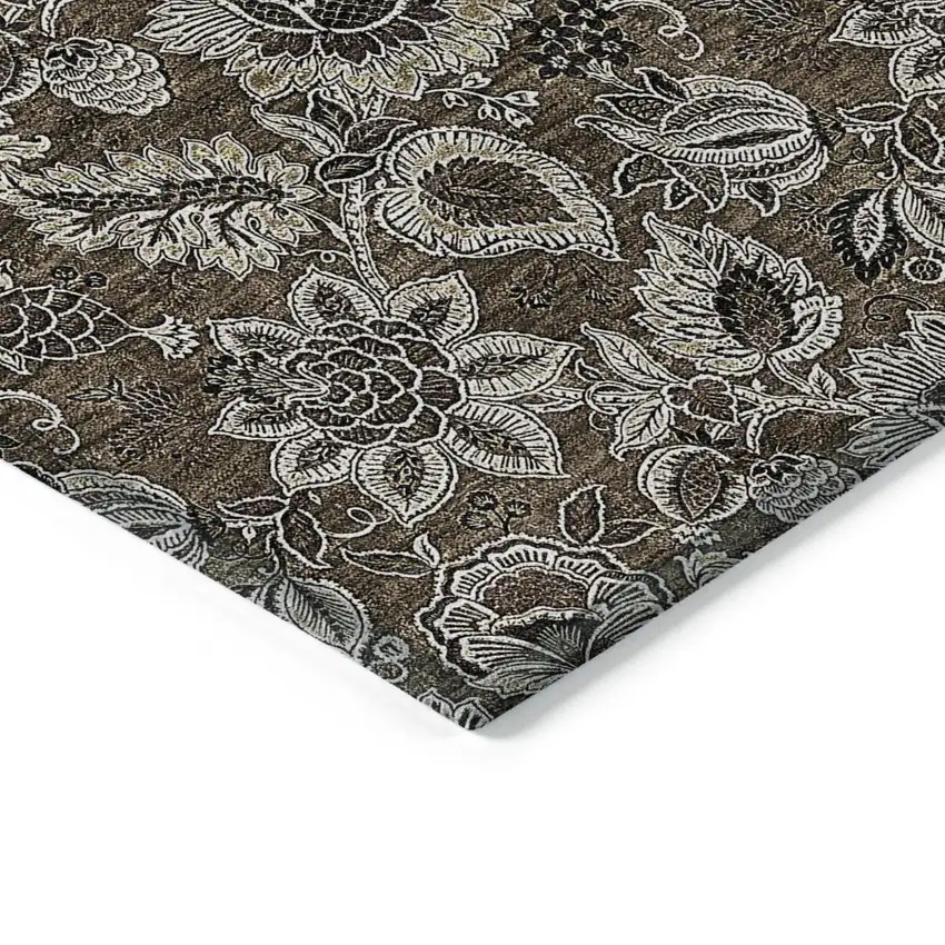 Chocolate And Charcoal Floral Washable Indoor Outdoor Area Rug Photo 5
