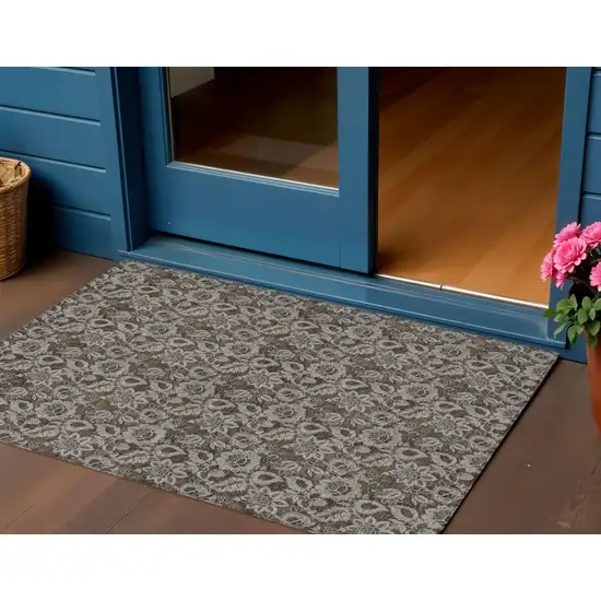 Chocolate And Charcoal Floral Washable Indoor Outdoor Area Rug Photo 1