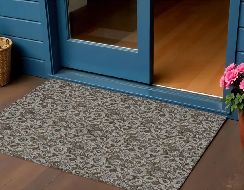 Chocolate And Charcoal Floral Washable Indoor Outdoor Area Rug Photo 1