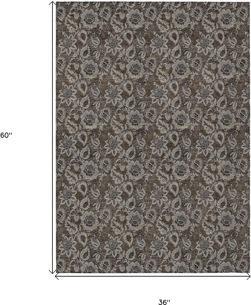 Chocolate And Charcoal Floral Washable Indoor Outdoor Area Rug Photo 3