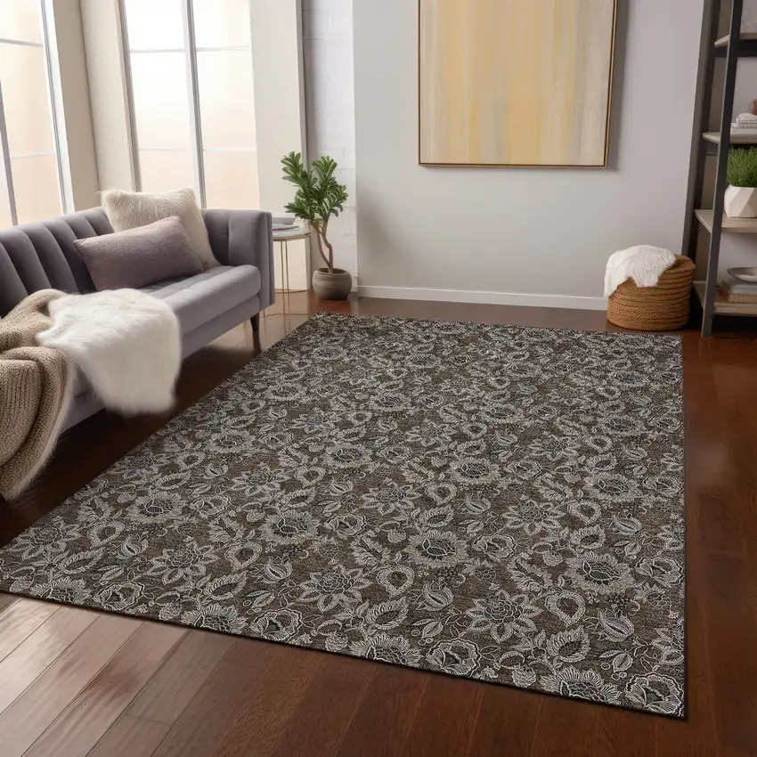 Chocolate And Charcoal Floral Washable Indoor Outdoor Area Rug Photo 9