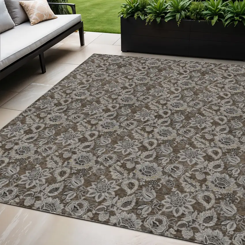 Chocolate And Charcoal Floral Washable Indoor Outdoor Area Rug Photo 1