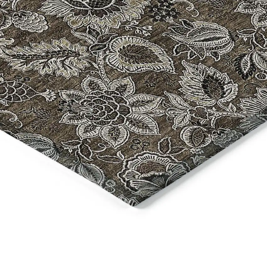 Chocolate And Charcoal Floral Washable Indoor Outdoor Area Rug Photo 5