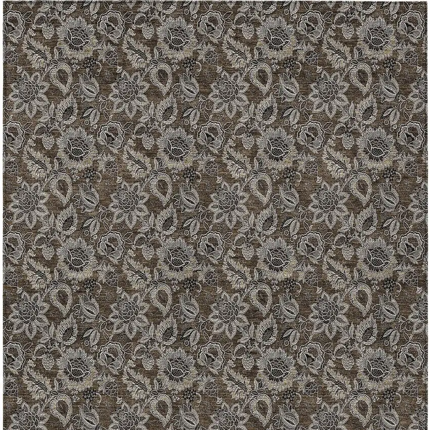 Chocolate And Charcoal Floral Washable Indoor Outdoor Area Rug Photo 7