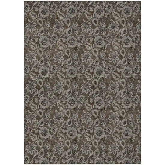 Chocolate And Charcoal Floral Washable Indoor Outdoor Area Rug Photo 2