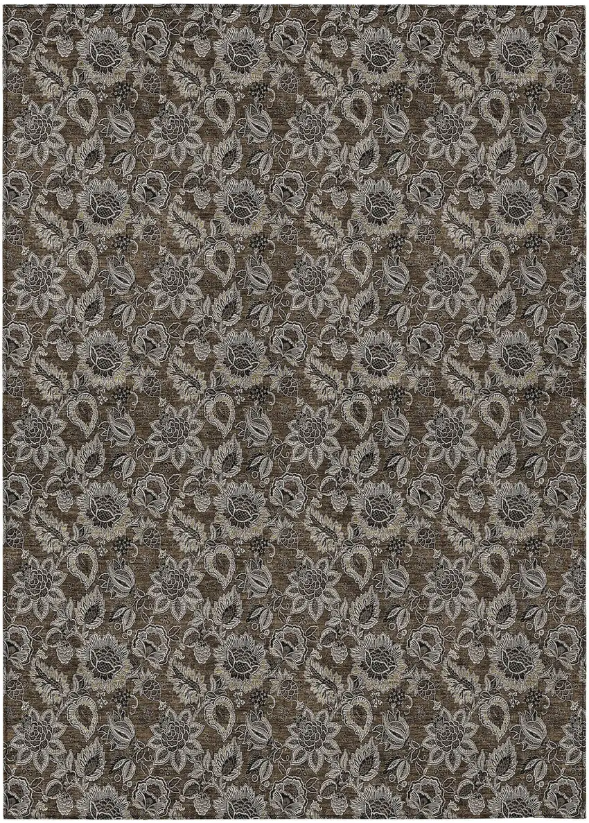 Chocolate And Charcoal Floral Washable Indoor Outdoor Area Rug Photo 2