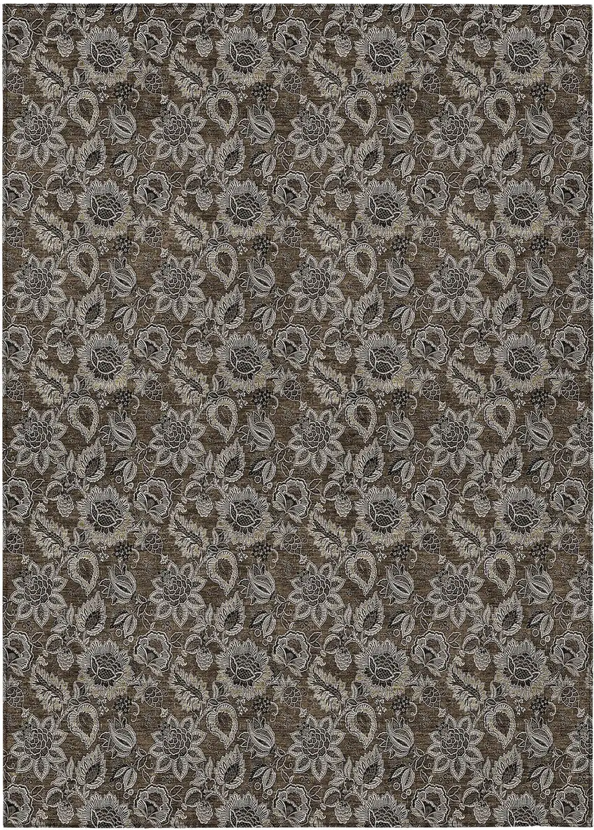 Chocolate And Charcoal Floral Washable Indoor Outdoor Area Rug Photo 2