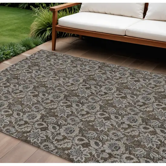 Chocolate And Charcoal Floral Washable Indoor Outdoor Area Rug Photo 1