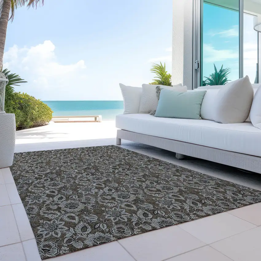 Chocolate And Charcoal Floral Washable Indoor Outdoor Area Rug Photo 9