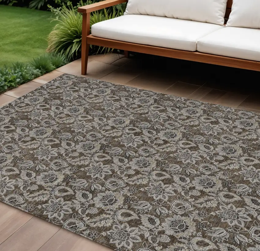 Chocolate And Charcoal Floral Washable Indoor Outdoor Area Rug Photo 1