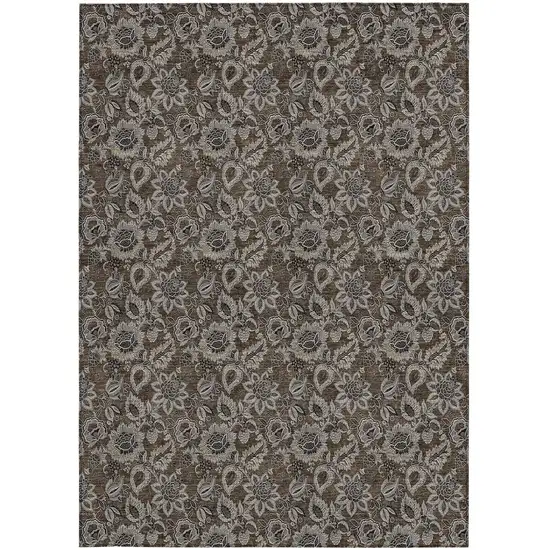 Chocolate And Charcoal Floral Washable Indoor Outdoor Area Rug Photo 6