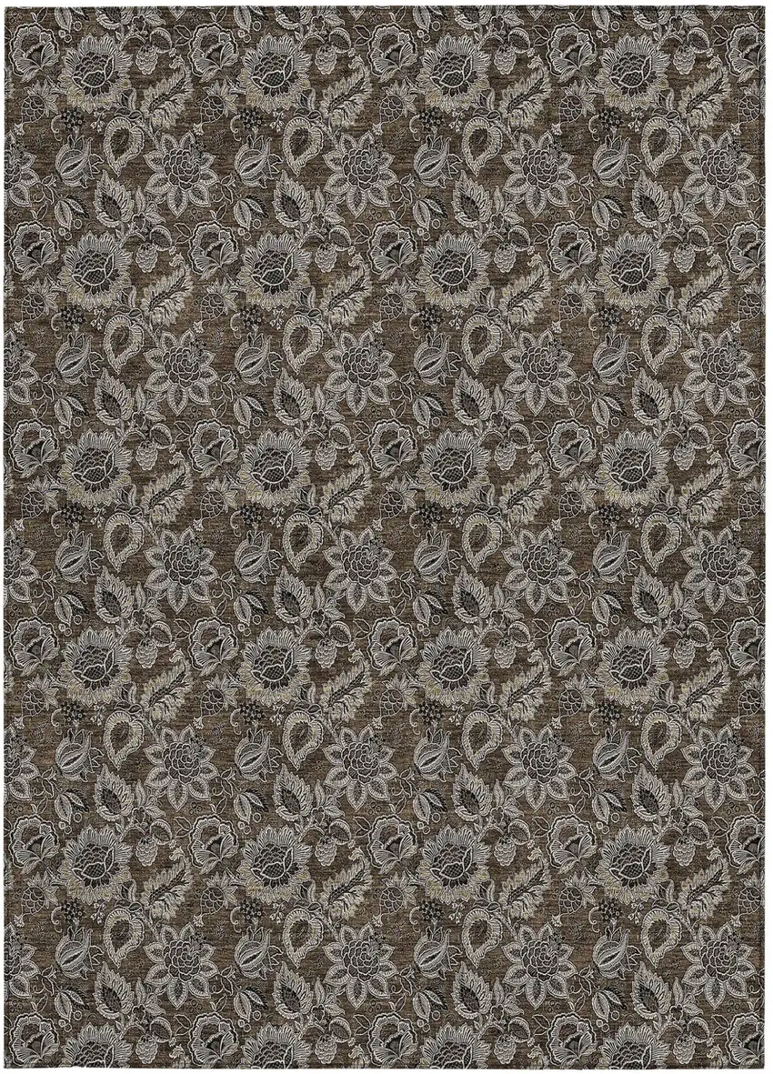 Chocolate And Charcoal Floral Washable Indoor Outdoor Area Rug Photo 6