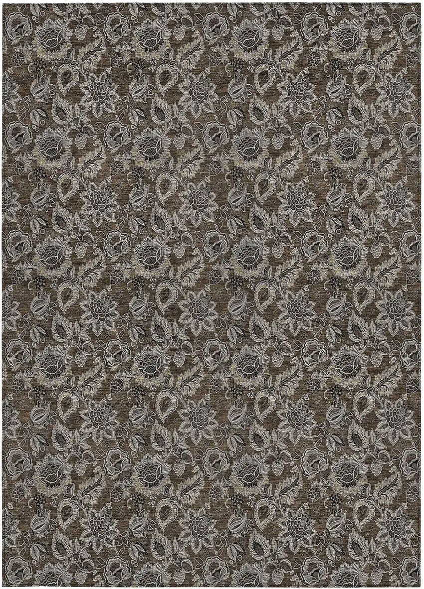 Chocolate And Charcoal Floral Washable Indoor Outdoor Area Rug Photo 6