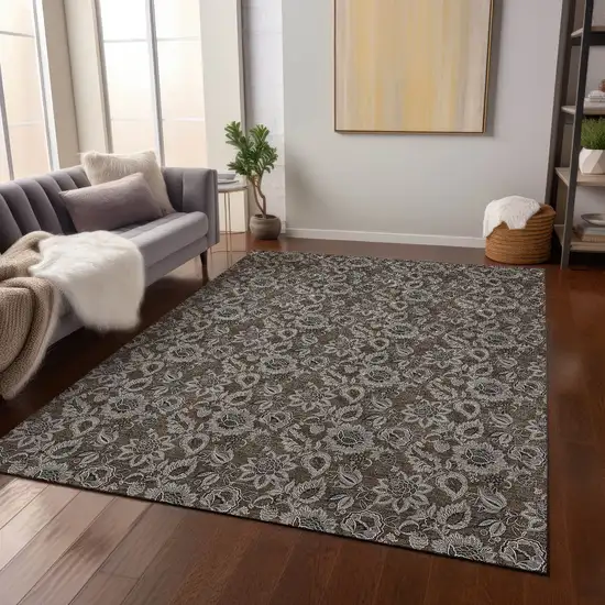 Chocolate And Charcoal Floral Washable Indoor Outdoor Area Rug Photo 7