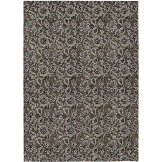 Chocolate And Charcoal Floral Washable Indoor Outdoor Area Rug Photo 2