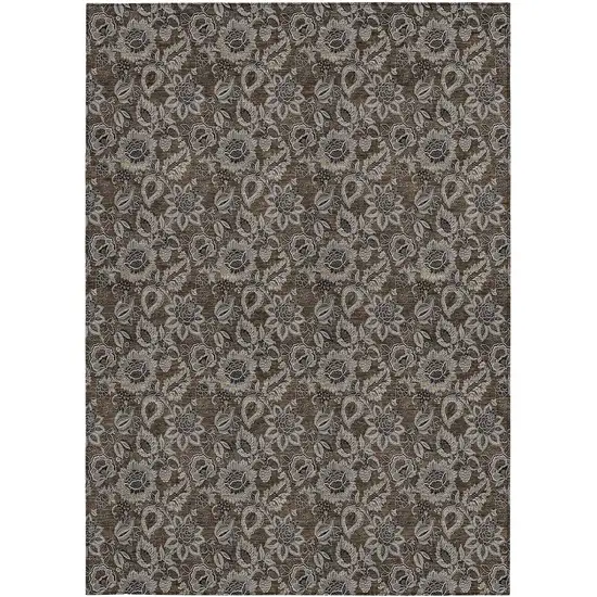 Chocolate And Charcoal Floral Washable Indoor Outdoor Area Rug Photo 5