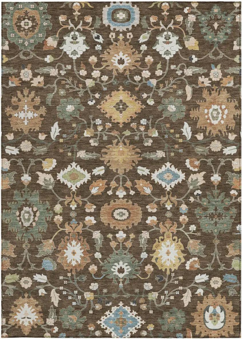 Chocolate And Copper Floral Medallion Washable Indoor Outdoor Area Rug Photo 3